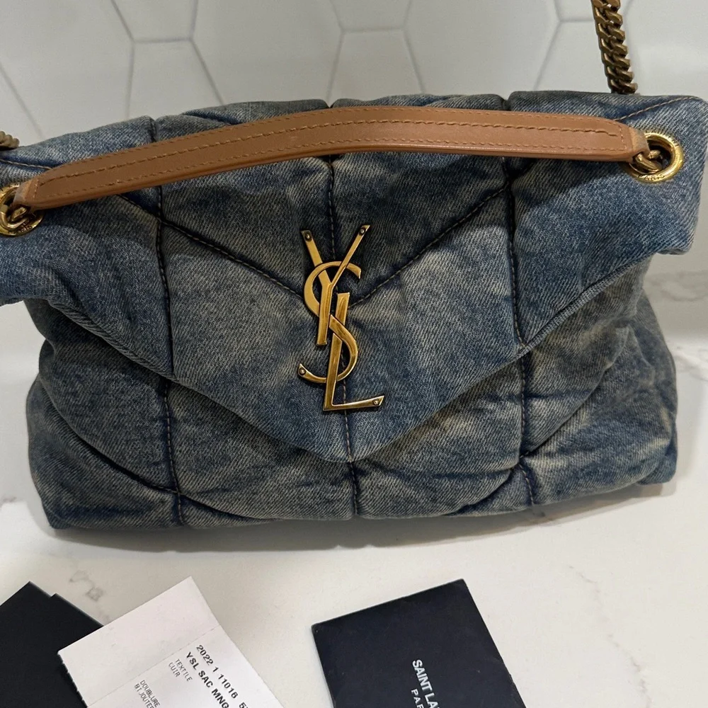 YSL Denim Quilted Medium Puffer Bag - Picture 5 of 12